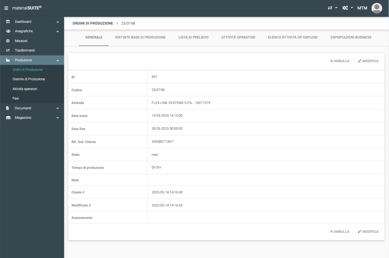 Production management software screen