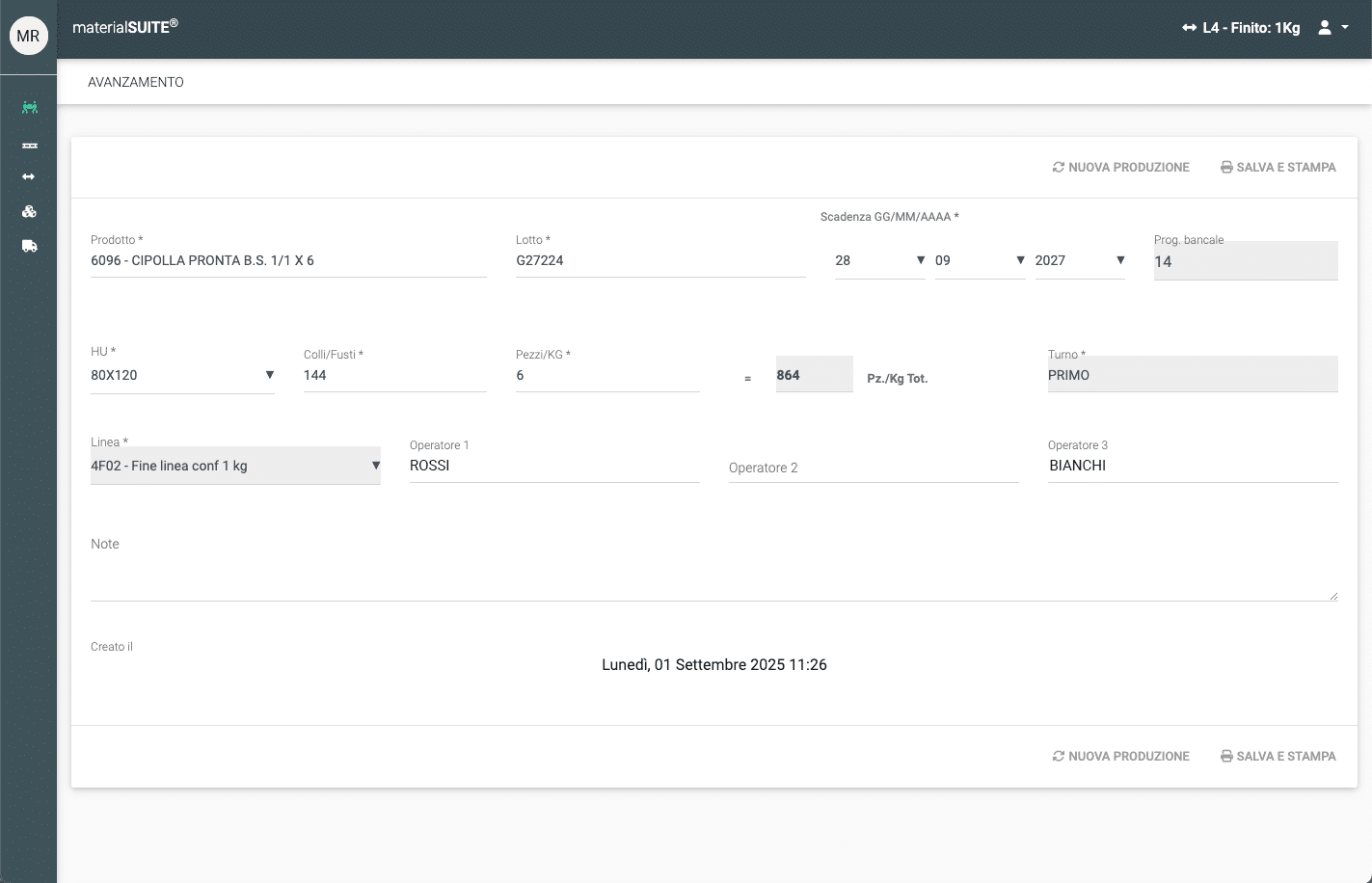 Software tracciabilità della produzione inserimento dati